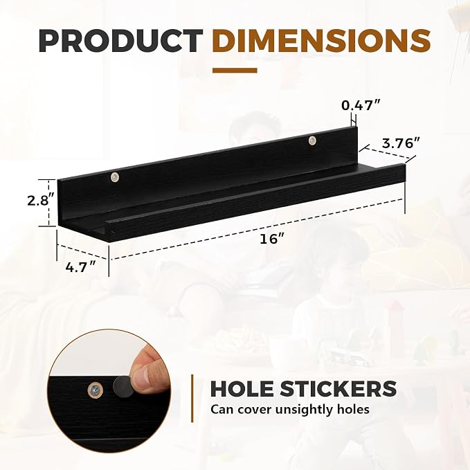 Muzilife 16" Floating Wall Ledge Shelves with Lip - Set of 2 Wood Floating Shelves - Black Wall Mounted Picture Ledge for Office, Bathroom, Bedroom, Living Room, Kitchen