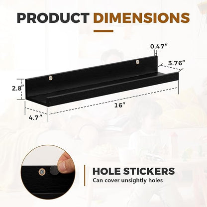 Muzilife 16" Floating Wall Ledge Shelves with Lip - Set of 2 Wood Floating Shelves - Black Wall Mounted Picture Ledge for Office, Bathroom, Bedroom, Living Room, Kitchen