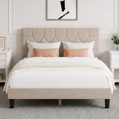 Novilla Full Size Bed Frame, Full Bed Frame with Wood Slats Support, Linen Upholstered Pull-Point Headboard, No Box Spring Needed, Metal Support Heavy Duty Feet, Easy Assembly, Beige