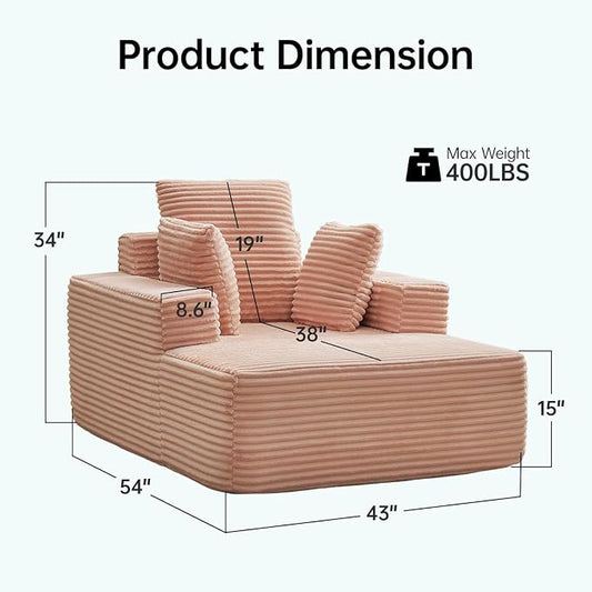 Boneless Chaise Lounge Chair, 54" Oversized Cloud Couch Sofa with Deep Seat, Plush Corduroy Reading Chair for Living Room, Bedroom, Reading Nook, Apartment, Gaming Room & Movie Nights, Pink