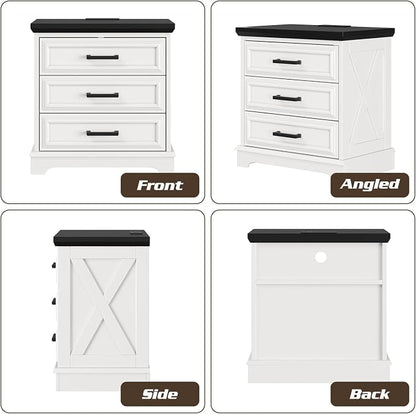 knoworld 24 Inch Wide Farmhouse Nightstands with Charging Station, White Nightstand with 3 Large Drawers, Rustic Wood End Table for Bedroom