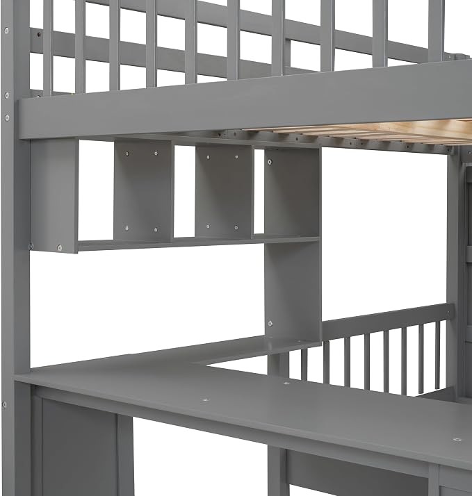 Ball & Cast Full Over Twin Bunk Bed with Safty Guardrail & Storage Stair,Wood Loft Bedframe W/Drawers & Shelves,Desk,Space-Saving,Easy Assembly,Versatile Furniture for Boys Girls Teen Bedroom,Gray
