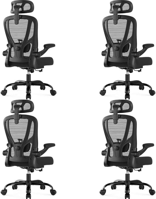 Office Chair Ergonomic Desk Chair - Mesh High Back Office Chair with Headrests Wheels Lumbar Support Home Desk Office Chairs Flip up Armrest Executive Rolling Computer Chair Black 4 Pack