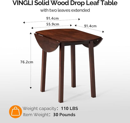 VINGLI 35" Solid Wood Folding Dining Table, Drop Leaf Kichen Dining Room Desk for Small Spaces, Small Kitchen, Expandable Folding Round Table for Home, Apartment,Office, Brown