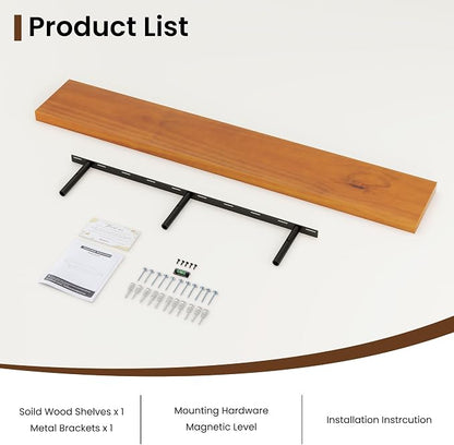 Vivelove Solid Wood Floating Shelves 48 Inches Long, 8”Deep x 1.4” Thick Wall Shelves for Bathroom, Living Room, Kitchen, Bedroom, Office, Rustic Farmhouse Home Decor, Set of 1 - Honey Oak