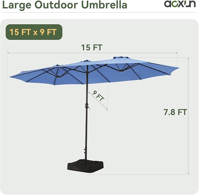 Aoxun 8-Piece Patio Table and Chairs Set & 15ft Patio Umbrella for 6, All Weather Outdoor Dining Set with 6 Textilene Chairs and 1 Rectangular Metal Table for Backyard, Garden, Grey/Blue