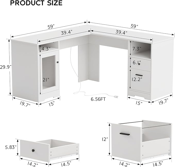 MU L Shaped Desk with File Cabinet, Corner Computer Desk with Storage Drawers, Large Home Office Table with Power Outlets, 60 Inch (White)