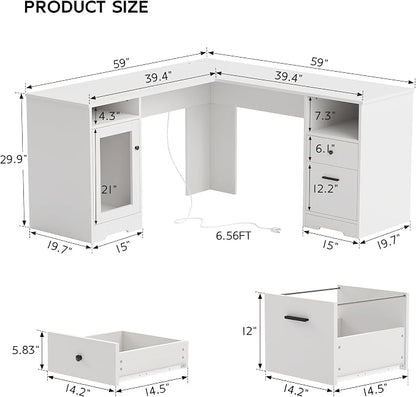 MU L Shaped Desk with File Cabinet, Corner Computer Desk with Storage Drawers, Large Home Office Table with Power Outlets, 60 Inch (White)