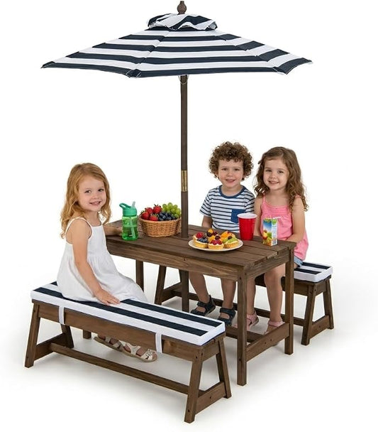 Costzon Kids Picnic Table, Toddler Wood Table & Chair Set w/Cushions, Height Adjustable Umbrella, Children Activity Table Outdoor Furniture Set for Patio, Garden, Backyard, Gift for Ages 3-8 (Blue)