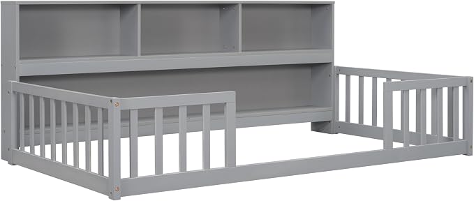 Bellemave Kids Montessori Floor Bed Twin Size,Floor Bed Frame with Bookcase and Shelves for Kids Boys Girls,Twin,Gray
