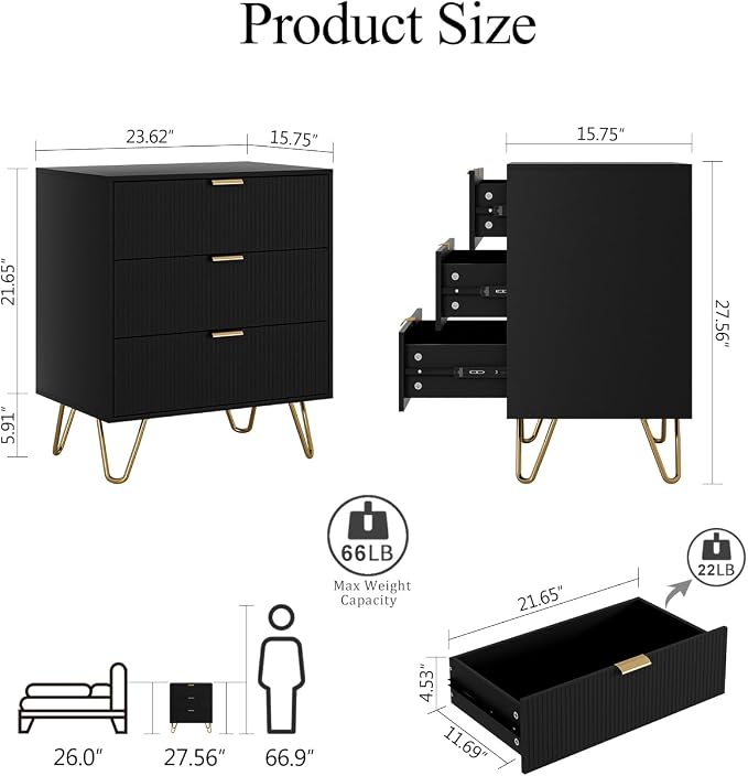 Fluted 3 Drawer Dresser for Bedroom, Modern Storage Bedroom Dresser Chest Cabinet Organizer with Anti-Tip Hardware for Living Room, Dressing Room, Kids Room, Office (Black)