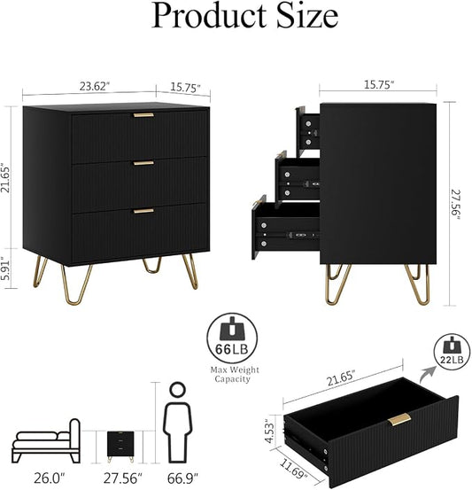 Fluted 3 Drawer Dresser for Bedroom, Modern Storage Bedroom Dresser Chest Cabinet Organizer with Anti-Tip Hardware for Living Room, Dressing Room, Kids Room, Office (Black)