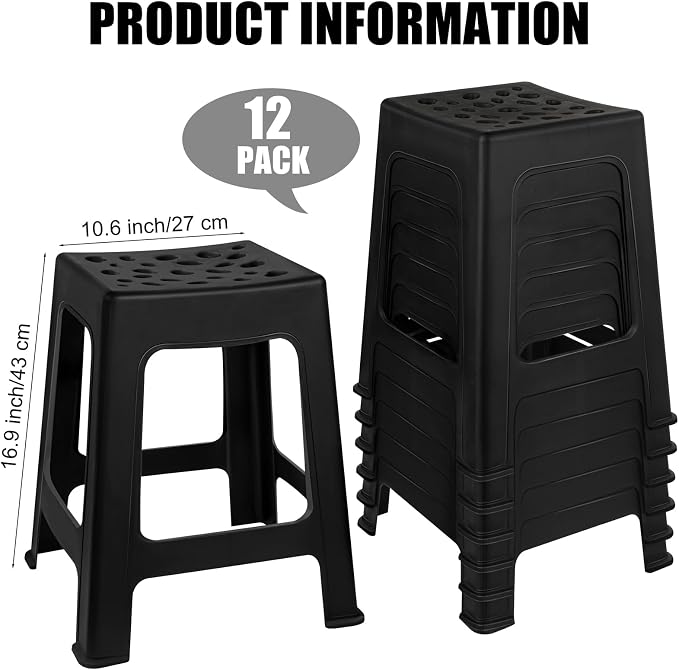 TURSTIN 12 Pack Plastic Stools 16.9 Inch Black Nesting Stools Portable Backless Bar Stool Flexible Seating Chairs for Classroom Office Home