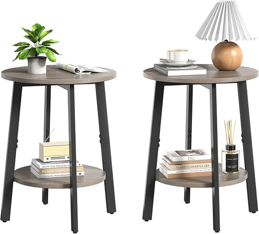 sthmec Side Table Set of 2, Small Round End Table with Storage Shelf for Small Space, 2-Tier Bedside Table Sofa Couch Table, Nighstands Set of 2 Accent Table for Living Room, Bedroom, Grey