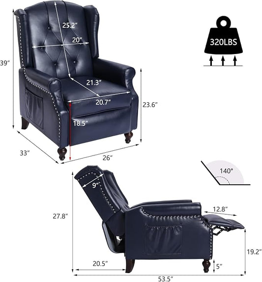 Wingback Recliner Chair with Massage and Heat, PU Leather Push Back Arm Chair for Living Room, Wingback Recliner with Remote Control, Padded Cushion, Backrest, Wooden Legs