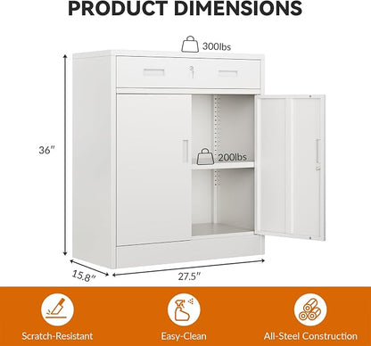 BESFUR Metal Storage Cabinet, Garage Storage Cabinet with One Drawer and Adjustable Shelf, Locking Short Storage Cabinet for Office Garage Home, White Metal Cabinets(36" H x 27.5" W x 16" D)