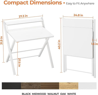 GreenForest No Assembly Folding Desk, 2-Tier Compact Computer Desk with Shelf, Space Saving Foldable Table for Home Office, Dorm or Apartment, Portable Collapsible Sturdy Laptop Desk, White