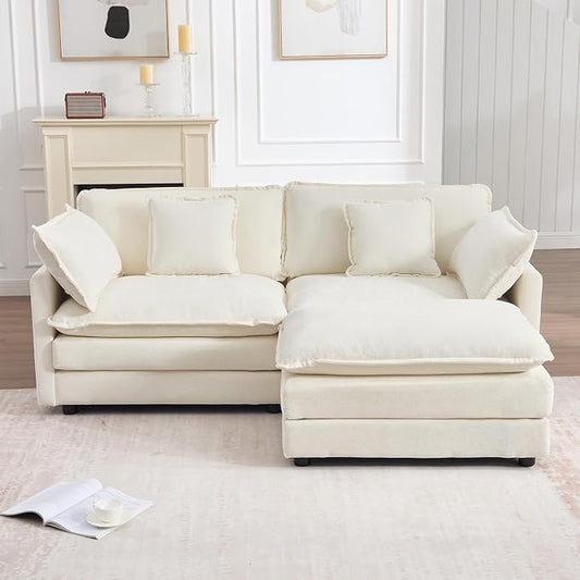 Modular Sectional Sofa with Ottoman: 76.7" Modern L Shaped Sectionals Cloud Couch, Comfy Couch Loveseat, 3 Seat Chenille Deep Seat Sofa with Pillow for Living Room,Bedroom Apartment,Small Spaces-Beige