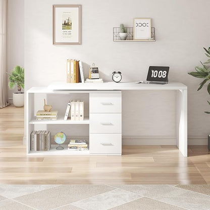HSH White L Shaped Desk with Drawers Shelves, Corner Home Office Desk L Shape with Storage Cabinet, Large Wood Computer Desk for PC Executive Work Writing Study, Modern Living Room Bedroom Table,60 In