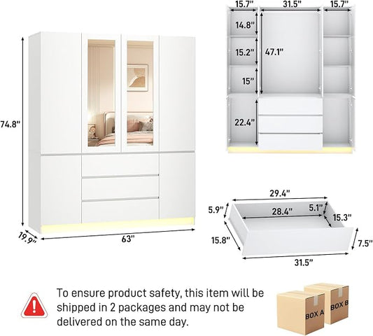 4 Doors Armoire Wooden Wardrobe Closet with 3 Drawers & 2 Mirror, 75"H Clothing Storage Cabinet with Hanging Rod,Modern Bedroom Large Freestanding Armoires with Led Lights for Bedroom, White
