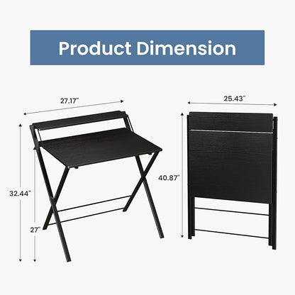 DUMOS Small Folding Desk with Shelf, No-Assembly Foldable Computer Desk for Tight Spaces, Portable Table for Bedroom, Home Office, Dorm or Apartment, Ink