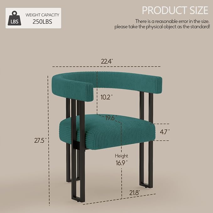 VIRRMO Boucle Dining Chair Set of 2 Corduroy Upholstered Dining Room Chairs Kitchen Chairs with Metal Legs Mid Century Modern Chair for Dining Room, Kitchen (Peacock Green, 2)