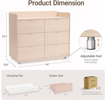 MAMAZING Keeva Pro 6-Drawer Baby Dresser with Changing Table, Easy Assembly | Washed Natural Wooden Nursery Dresser, Anti-Tip Design & Adjustable Feet, Dresser for Bedroom, Kids & Toddlers, 44" Wide