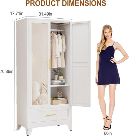 Metal Armoire Wardrobe Closet Storage Cabinet with Mirror White, 71'' Wardrobe Cabinet with Hanging Rod Metal Closet with Adjustable Shelf and Drawer for Bedroom, Laundry Room, Cloak Room