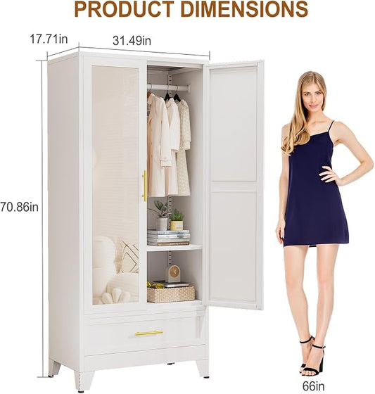 Metal Armoire Wardrobe Closet Storage Cabinet with Mirror White, 71'' Wardrobe Cabinet with Hanging Rod Metal Closet with Adjustable Shelf and Drawer for Bedroom, Laundry Room, Cloak Room