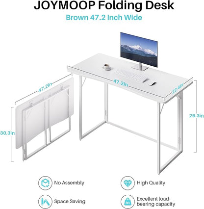 JOYMOOP White Folding Desk - 47.2", No Assembly Large Size Foldable Desk for Home, Office, Wooden Top Folding Computer Desk for Working, Writing, Studying