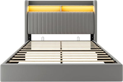 Allewie Full Size Lift Up Hydraulic Storage Bed Frame, 2-Tier Shelf Headboard with LED Lights and Charging Station, USB and Type C Ports, Wingback Velvet Headboard, No Box Spring Needed, Gray