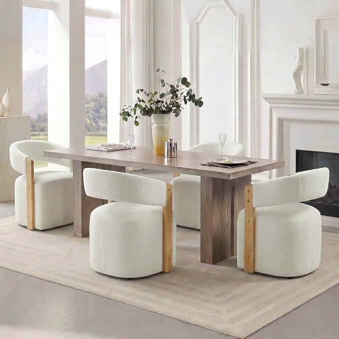 KISLOT Upholstered Dining Chairs Set of 2, Modern Wooden Arm Kitchen & Dining Room Chairs with Hidden Casters, Fabric Padded Rolling Chairs, Sturdy Wood Frame, 300 lbs Capacity, Off-White