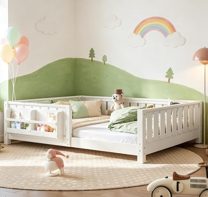 Bellemave Full Floor Bed with high Rails and with Built-in Bookshelf for Kids, Girls, Boys, Wood Montessori Floor Bed Without Door, White