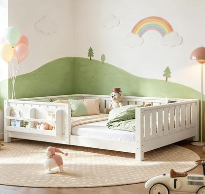 Bellemave Full Floor Bed with high Rails and with Built-in Bookshelf for Kids, Girls, Boys, Wood Montessori Floor Bed Without Door, White