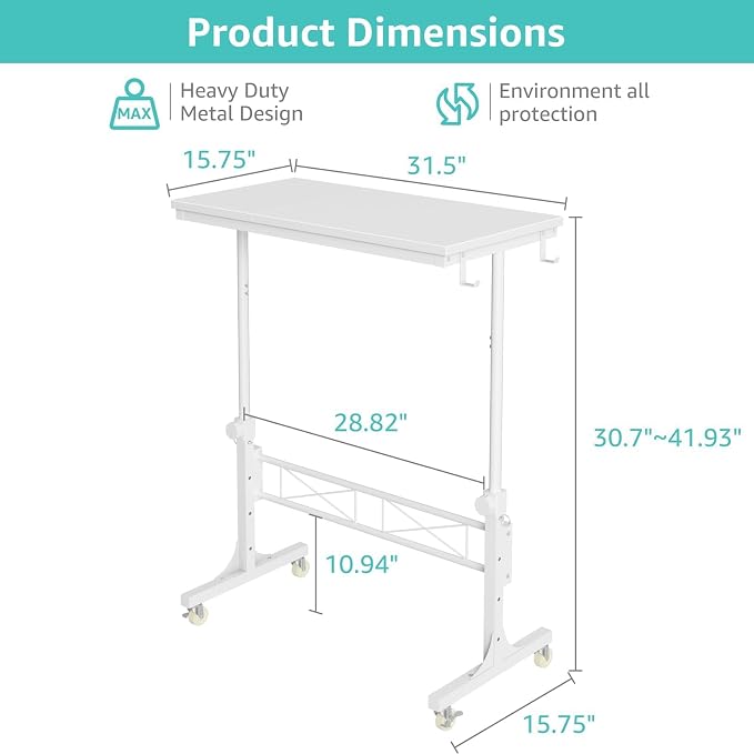 WINAZ Rolling Standing Desk with Wheels, 32" Adjustable Height Small Portable Teacher Desk for Classroom, Mobile Treadmill Walking Pad Table for Laptop, Compact White Home Office Workstation