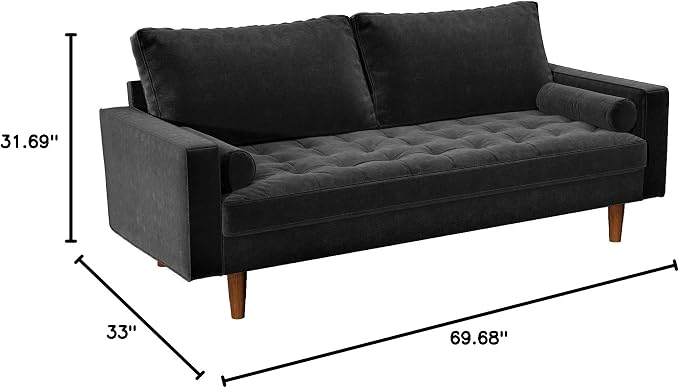 Container Furniture Direct Womble Mid Century Modern Velvet Upholstered Tufted Seat with Bolster Pillows, Sofa, Midnight