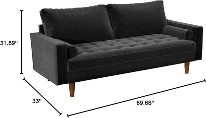 Container Furniture Direct Womble Mid Century Modern Velvet Upholstered Tufted Seat with Bolster Pillows, Sofa, Midnight