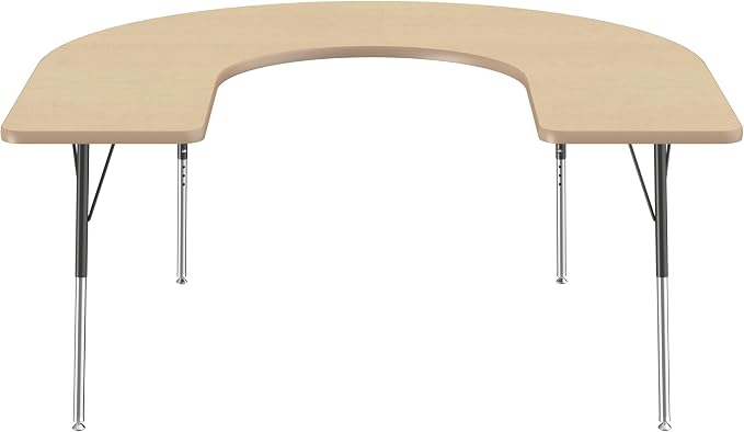 FDP Horseshoe Activity School and Office Table (60 x 66 inch), Standard Legs with Swivel Glides for Collaborative Seating Environments, Adjustable Height 19-30 inches - Maple Top and Maple Edge