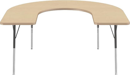 FDP Horseshoe Activity School and Office Table (60 x 66 inch), Standard Legs with Swivel Glides for Collaborative Seating Environments, Adjustable Height 19-30 inches - Maple Top and Maple Edge