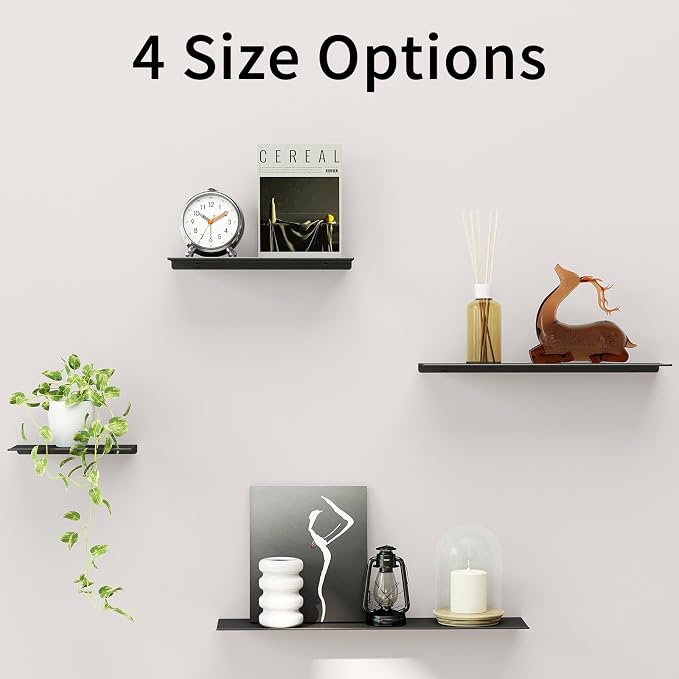 MKO 16" Floating Shelves for Wall, Long Metal Wall Mounted Shelf for Bathroom, Bedroom, Living Room, Kitchen, Display Hanging Shelves for Books/Storage/Room Decor 2 Packs, Black