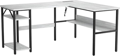 Unikito L Shaped Computer Desk with Magic Power Outlets and USB Charging Ports, Sturdy Reversible Corner Desk with Storage Shelves, Modern Work Desk for Home Office, Easy to Assemble, White Oak