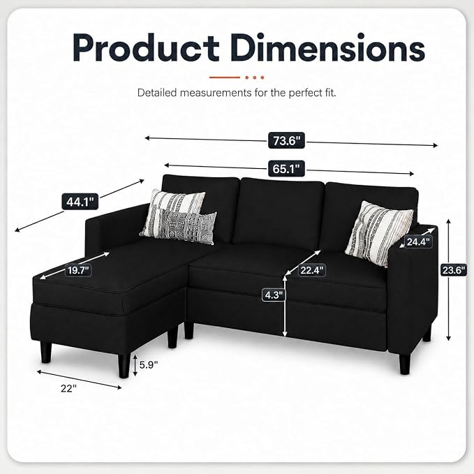 73.6" Convertible Sectional Sofa Couch with Reversible Ottoman, Modern 3-Seater L-Shaped Couch for Small Spaces, Compact Sofa for Studio Apartment, Living Room & Office, Easy Assembly (Black)
