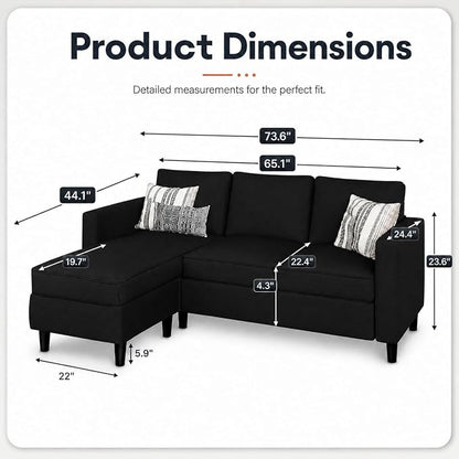 73.6" Convertible Sectional Sofa Couch with Reversible Ottoman, Modern 3-Seater L-Shaped Couch for Small Spaces, Compact Sofa for Studio Apartment, Living Room & Office, Easy Assembly (Black)
