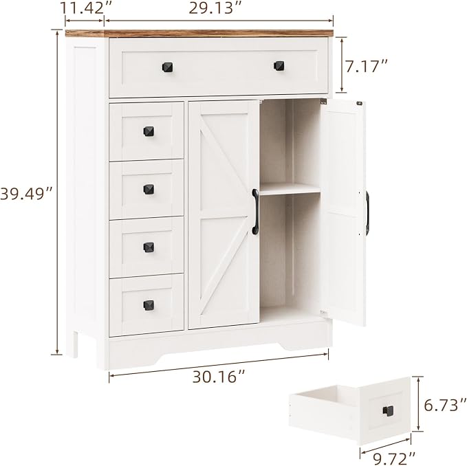 Vabches Farmhouse Storage Cabinet with 2 Doors and 5 Drawers, Freestanding Bathroom Cabinets Kitchen Pantry, Floor Storage Cabinet Hutch Cupboard for Living Room/Bathroom/Kitchen. Unique White