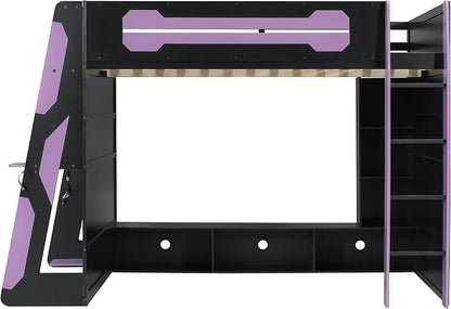 Merax Full Size Loft Bed with Desk, Multi-Storage Shelves and RGB Light | Space-Saving Wooden Gaming Bed Frame with Charging Station and Guardrail