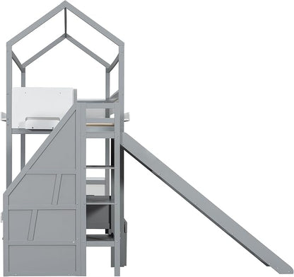 Harper & Bright Designs Twin Over Full House Bunk Bed with Trundle and Slide, Metal Bunk Bed with Bookshelf and Stairs for Kids Teens Adults, Space Saving, No Box Spring Needed, Gray+White