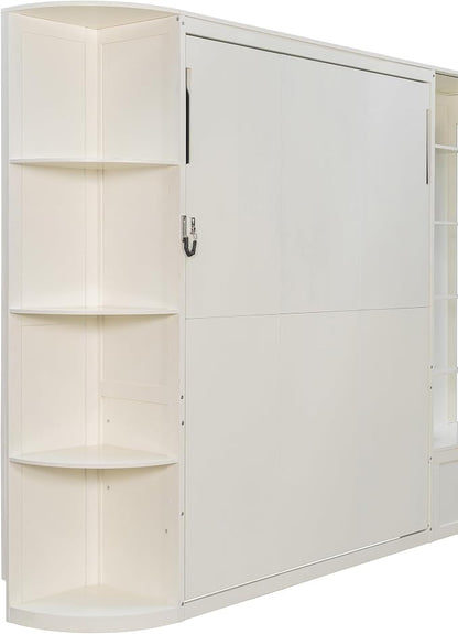 Murphy Bed Queen Size,Murphy Bed with Storage & Lights,Wall Bedframe w/Hidden Fold-Out Legs & Built-in Shelves & Cabinets，Hook,Space-Saving,White