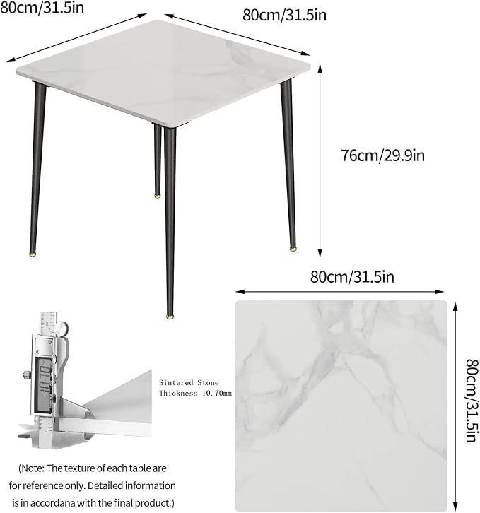 Wisfor Sintered Stone Dining Table: 32 Inch Square White Kitchen Breakfast Table with Black Metal Legs - 30 Inch High Restaurant Table for 4