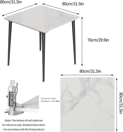 Wisfor Sintered Stone Dining Table: 32 Inch Square White Kitchen Breakfast Table with Black Metal Legs - 30 Inch High Restaurant Table for 4