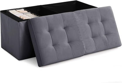 HAUSFRAU 31.5 Inches Ottoman with Storage Bench, Folding Ottoman Bench Small Foot Rest Stool, Bedroom Bench with Flipping Lid, Velvet Charcoal